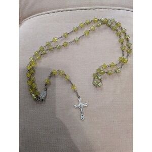 Vintage Rosary Crucifix Necklace Green Faceted Star Beads 23"